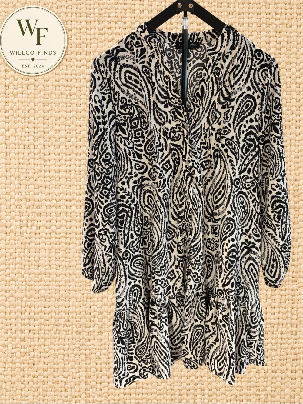 Rachel Zoe Black & White Paisley Print Long Sleeve Tiered Dress Size Small NWOT
